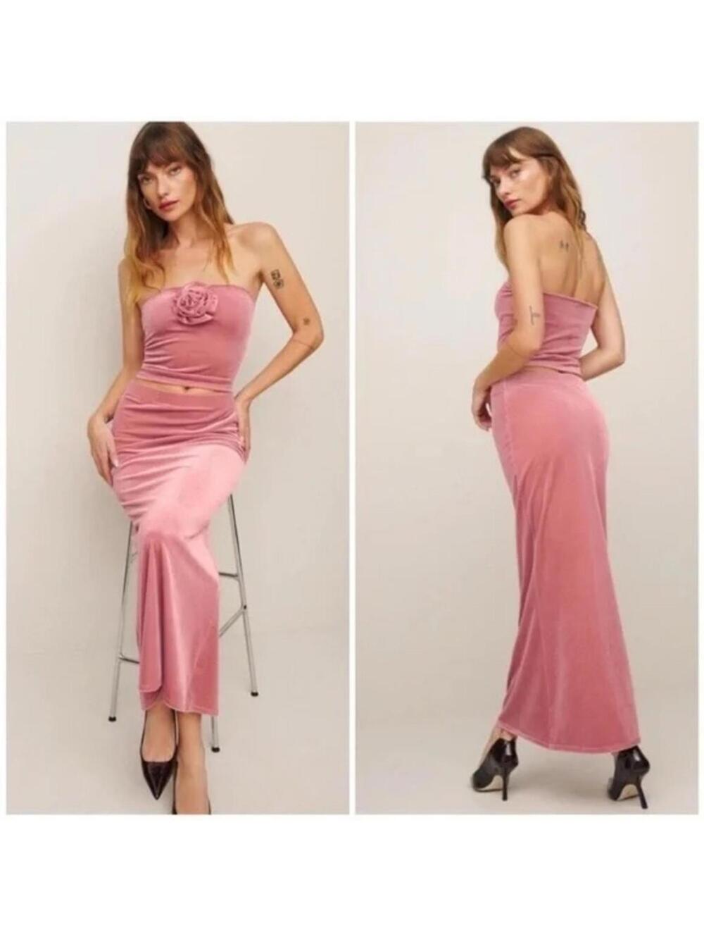 REFORMATION Two-Piece Skirt Top Set Medium "Adalynn" Knit Blush Pink Velvet New - Picture 2 of 9